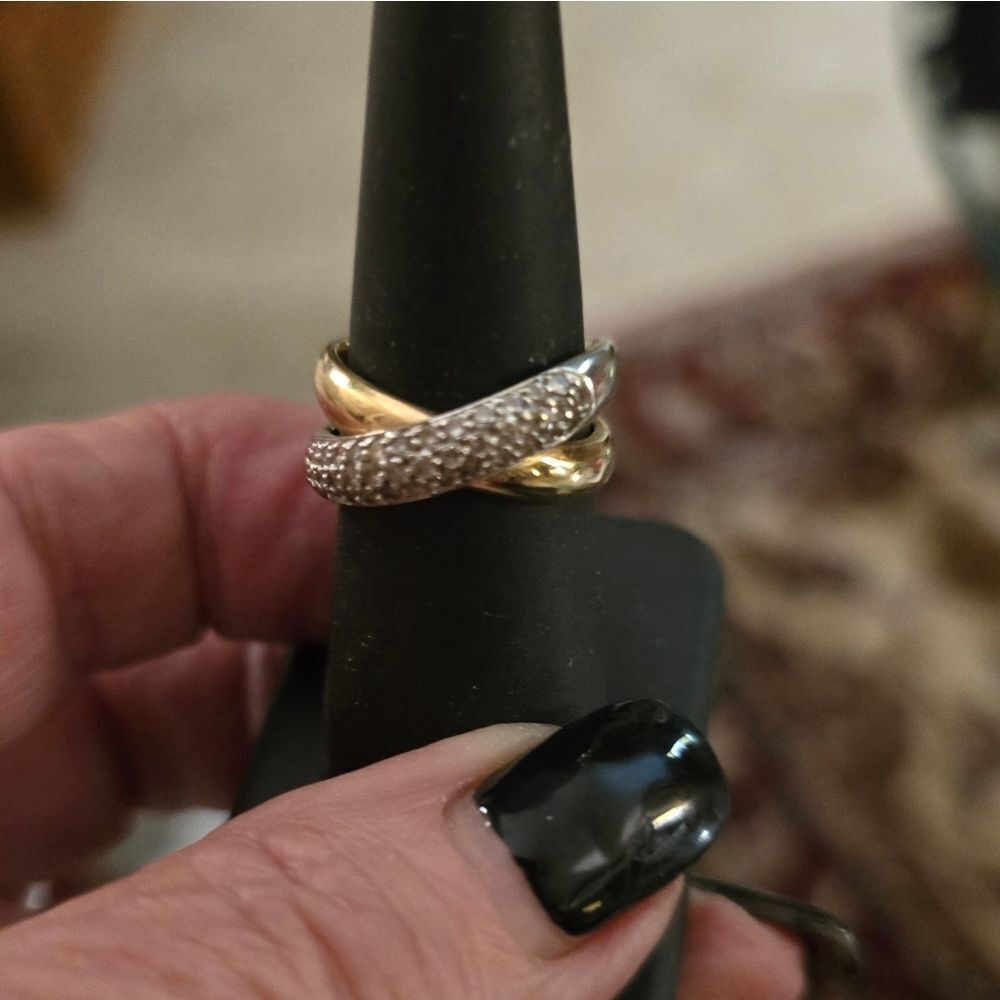 Ross-Simons 14K GOLD AND SILVER CROSSOVER RING W/ DIAMONDS